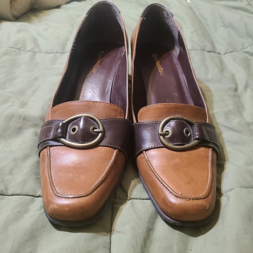 Naturalizer Bernsen Loafer Pumps Women 10M Tan Brown Leather Buckle Block Heel - Picture 7 of 10